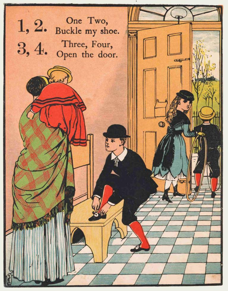 1, 2, buckle my shoe Pl 1,1, 2, zapnij mój but Pl 1,Walter Crane,Ilustracja,Ilustracja, czarne włosy