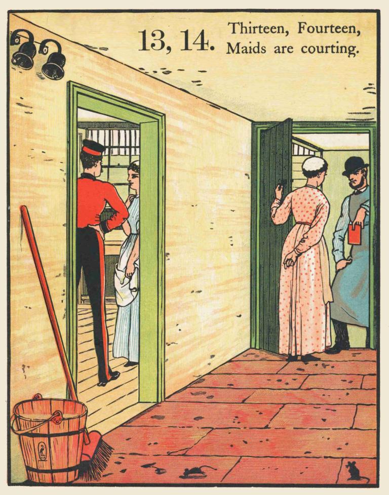 1, 2, buckle my shoe Pl 5,Walter Crane,Illustration,Illustration, multiple boys, hat, door, english text