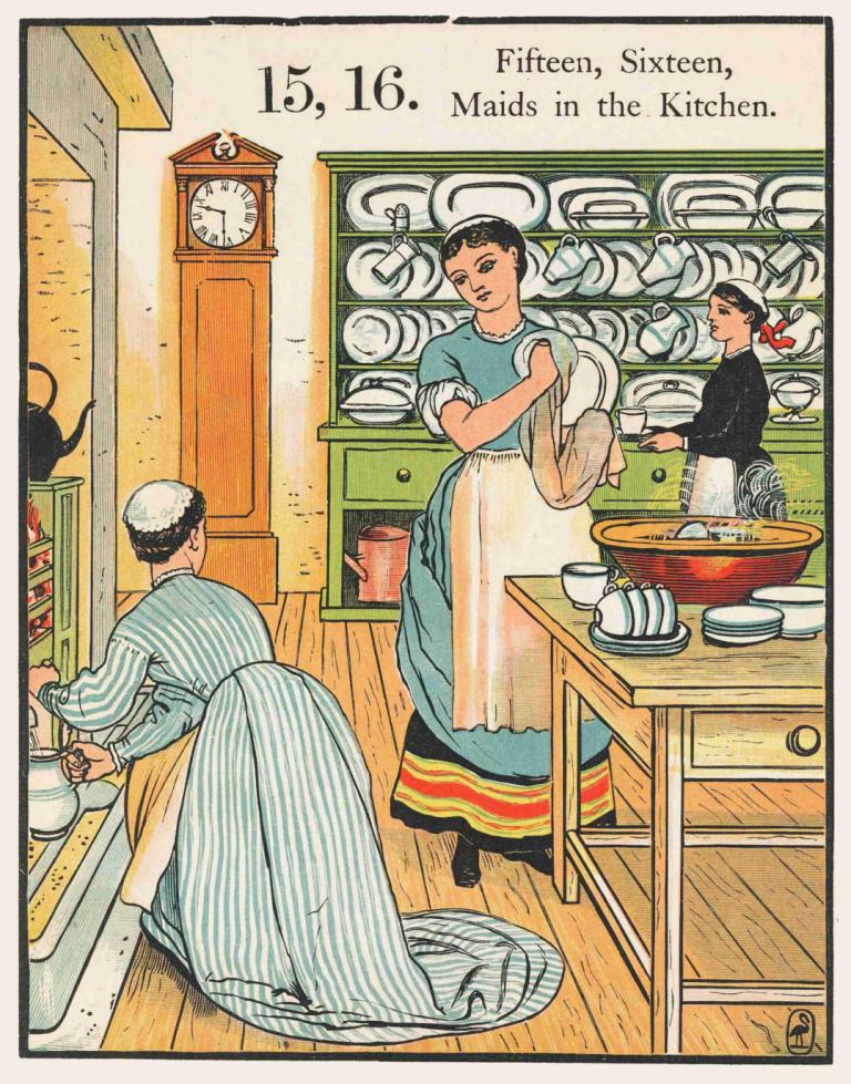 1, 2, buckle my shoe Pl 6,Walter Crane,Illustration,Illustration, clock, black hair, apron, kitchen, indoors