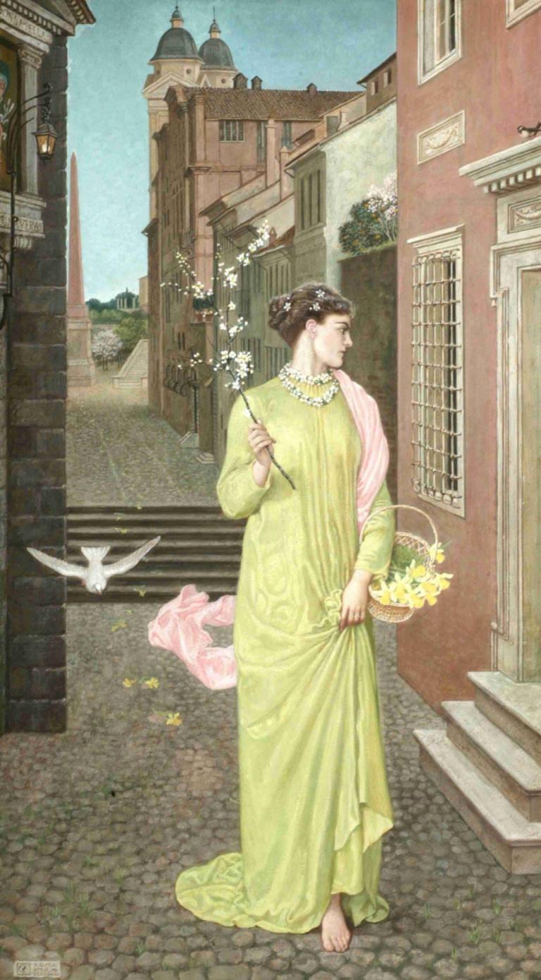 A Herald of Spring,Walter Crane,Illustration,Illustration, 1girl, dress, flower, green dress, bird, solo