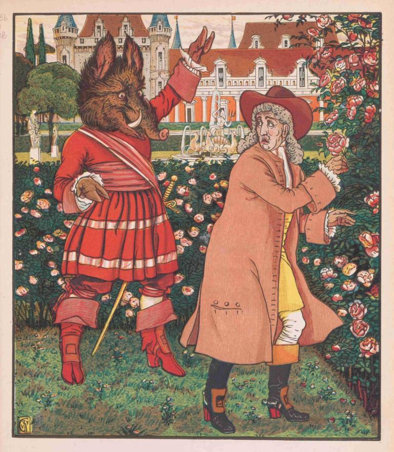 Beauty and the beast Pl. 01,Piękna i bestia Pl. 01,Walter Crane,Ilustracja,Ilustracja, 1 dziewczyna, kapelusz