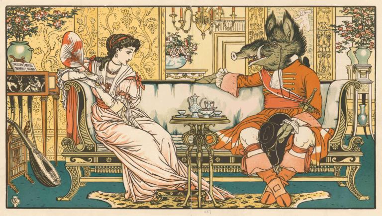 Beauty and the beast Pl. 03,Kaunotar ja peto Pl. 03,Walter Crane,Kuva,Kuva, 1 tyttö, 1 poika, pukeutua, sohva