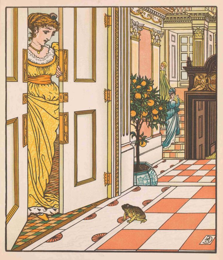 Beauty and the beast Pl. 07,Kaunotar ja peto Pl. 07,Walter Crane,Kuva,Kuva, pukeutua, keltainen mekko