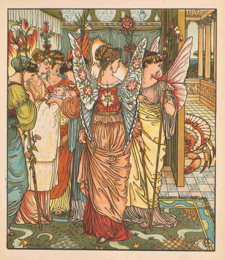 Beauty and the beast Pl. 12,Kráska a zvíře Pl. 12,Walter Crane,Ilustrace,Ilustrace, více dívek, šaty, květ