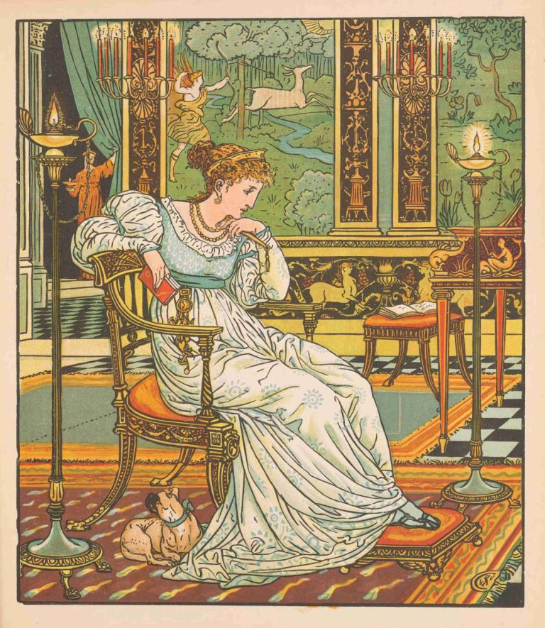 Beauty and the beast Pl. 13,Walter Crane,Illustration,Illustration, 1girl, dress, chair, sitting, solo