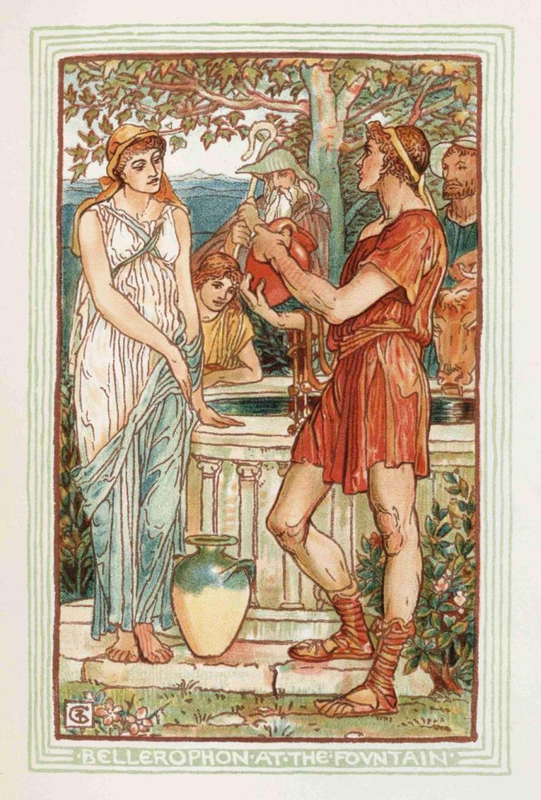 Bellerophon at the fountain,Bellerophon la fântână,Walter Crane,Ilustrație,Ilustrație, mai multi baieti