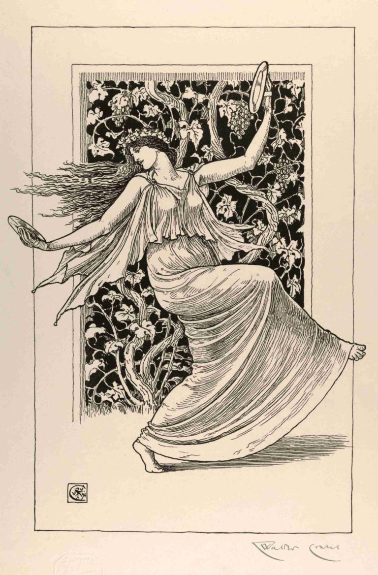 Dancing Nymph,舞蹈仙女,Walter Crane,沃爾特·克蘭,插畫,插畫, 1個女孩, 獨奏, 單色, 裙子, 跳舞, 植物, 赤腳, 簽名, 長髮