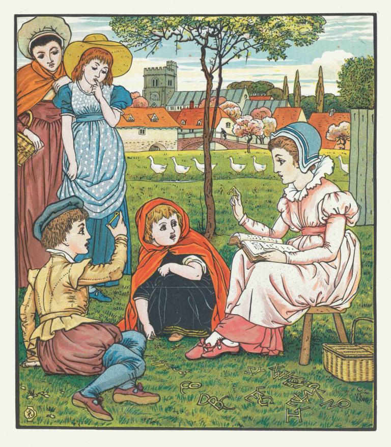 Goody Two Shoes Pl 2,Walter Crane,Abbildung,Abbildung, mehrere Mädchen, Baum, Hut, Kleid, Vogel, Sitzung