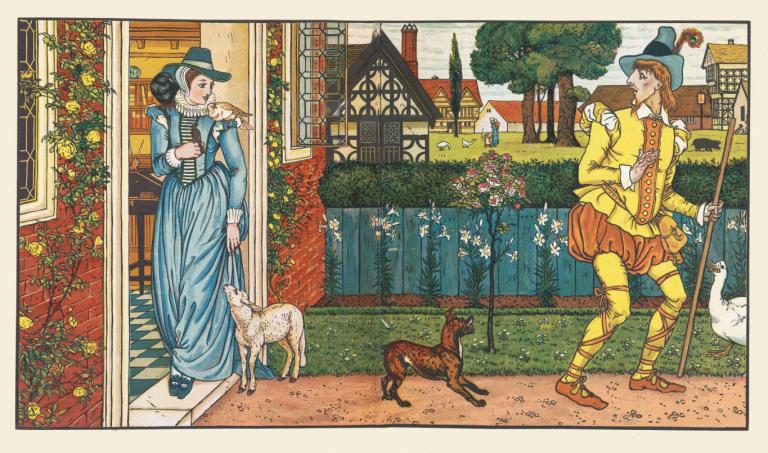 Goody Two Shoes Pl 3,Walter Crane,Illustration,Illustration, plusieurs filles, 2 filles, chien, chapeau