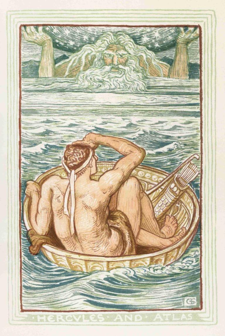 Hercules and Atlas,Walter Crane,Illustration,Illustration, watercraft, boat, fine art parody, male focus