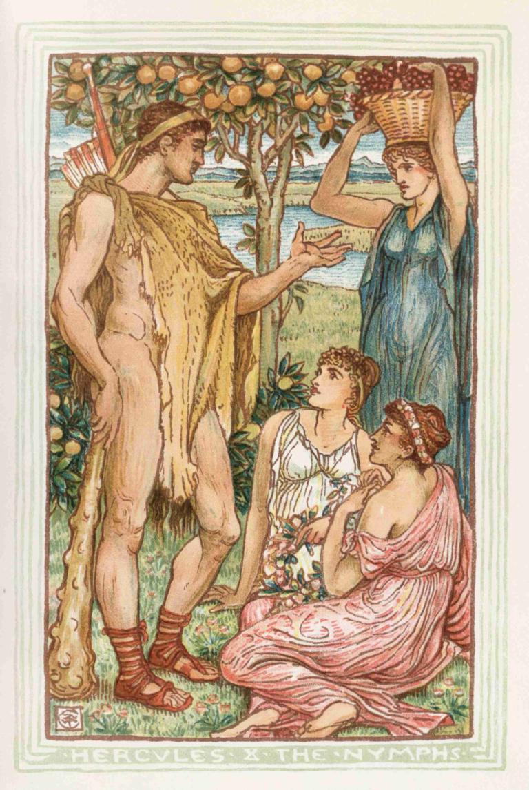 Hercules and the nymphs,Hércules y las ninfas,Walter Crane,Ilustración,Ilustración, fruta, varias chicas