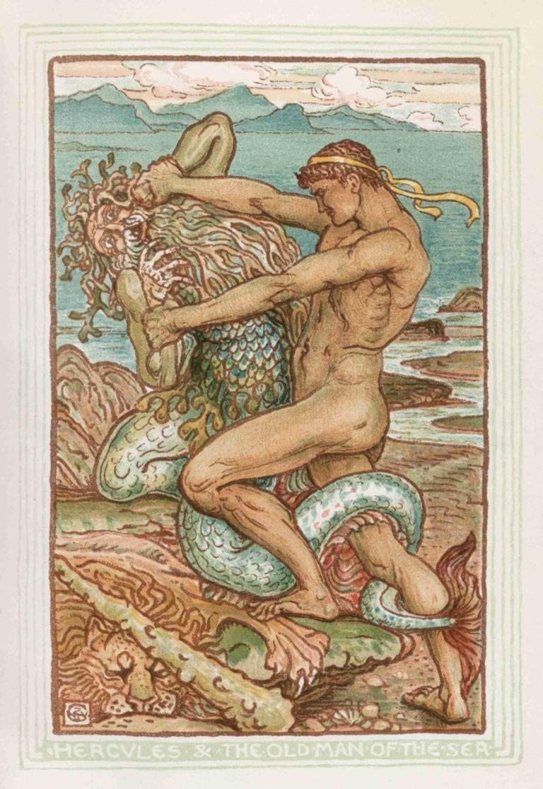 Hercules and the old man of the sea,Walter Crane,Illustration,Illustration, fine art parody, nude, male focus