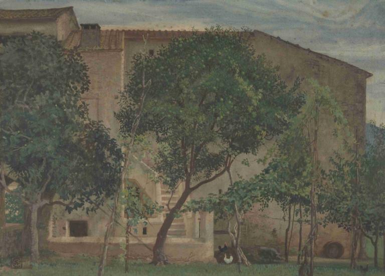 Italian Farmhouse,Walter Crane,Illustration,Illustration, tree, outdoors, scenery, cat, building, sky, grass