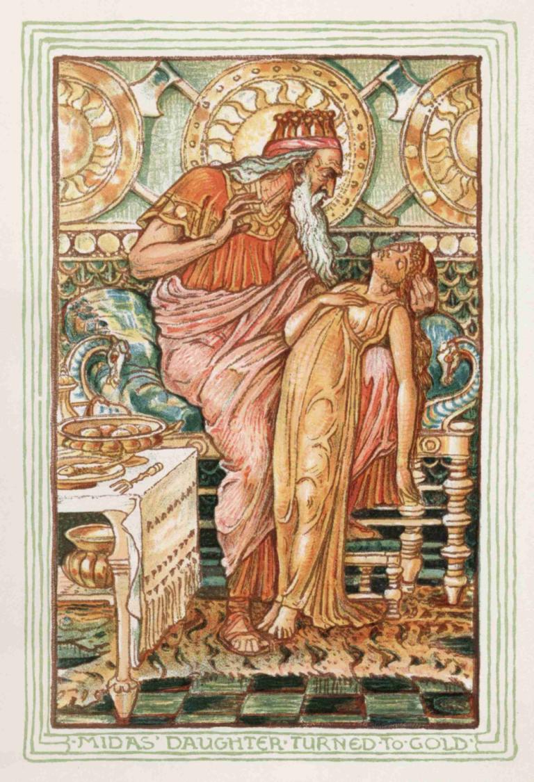 Midas Daughter turned to gold,Walter Crane,Illustration,Illustration, 1girl, 1boy, facial hair, beard