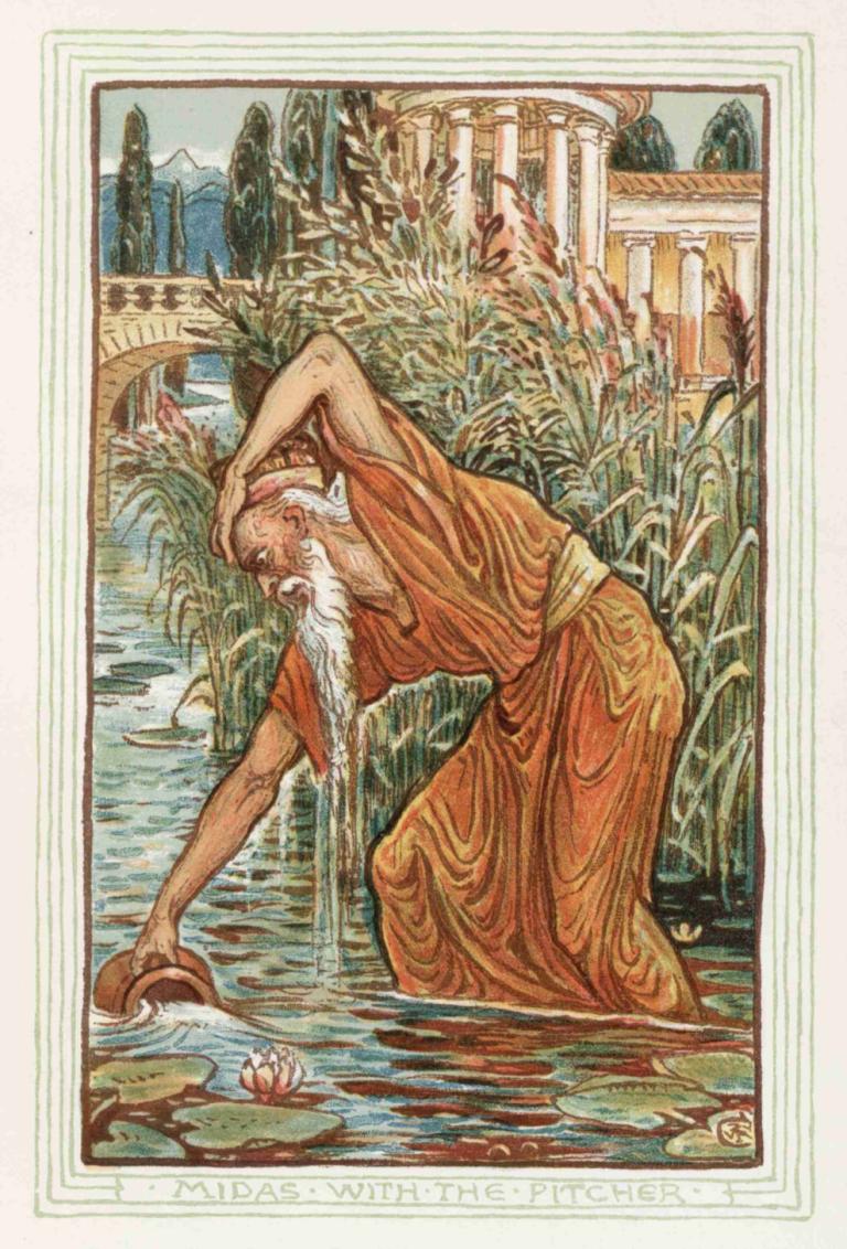 Midas with the Pitcher,Midas con la jarra,Walter Crane,Ilustración,Ilustración, agua, solo, viejo, 1 chico