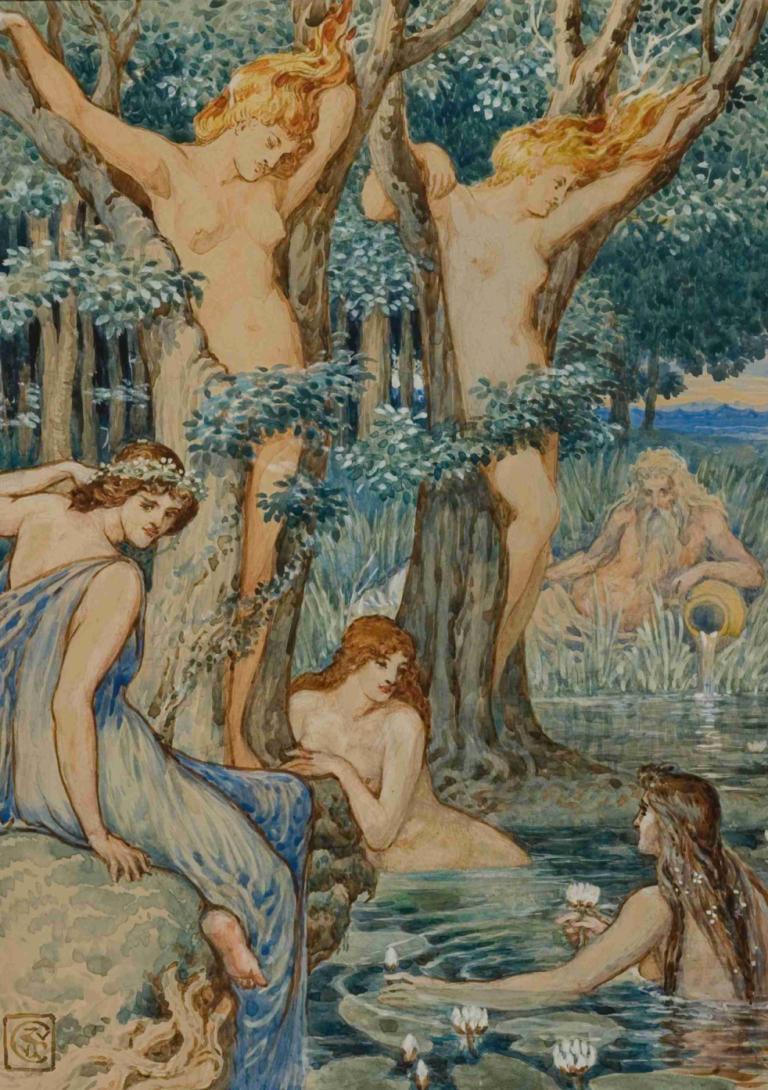 Nyads and Dryads,Walter Crane,Illustration,Illustration, fine art parody, multiple girls, tree, nude, water