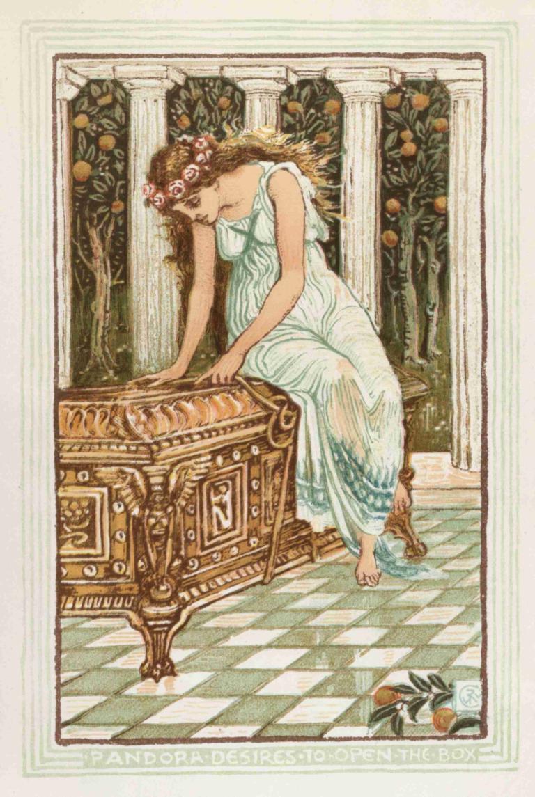 Pandora desires to open the box,Walter Crane,Illustration,Illustration, 1girl, solo, dress, barefoot, flower