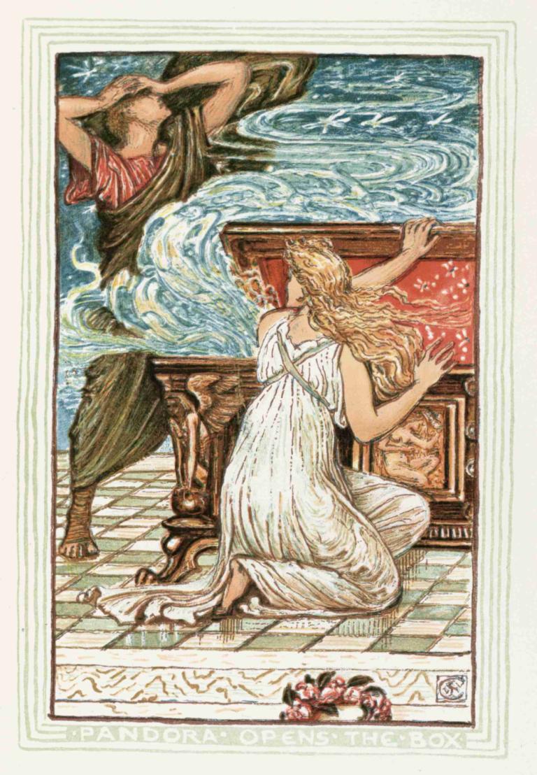 Pandora opens the box,Pandora otwiera puszkę,Walter Crane,Ilustracja,Ilustracja, blond włosy, sukienka