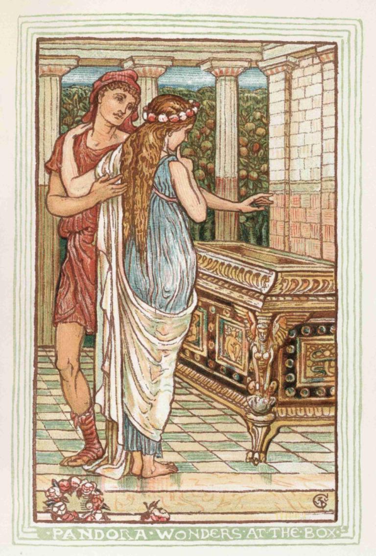 Pandora wonders at the box,Walter Crane,Illustration,Illustration, 1girl, 1boy, dress, flower, barefoot