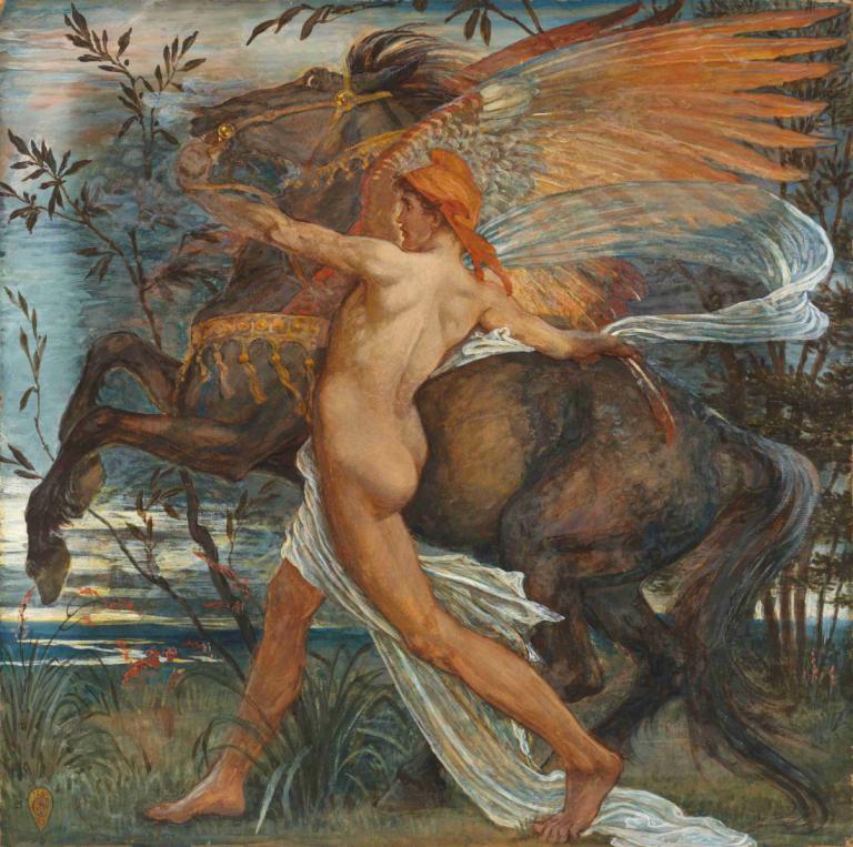 Pegasus,Walter Crane,Illustration,Illustration, nude, ass, fine art parody, wings, grass, barefoot, 1boy