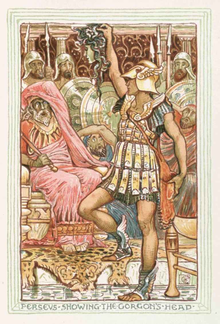 Perseus Showing the Gorgon's Head,Walter Crane,Illustration,Illustration, fine art parody, weapon, helmet