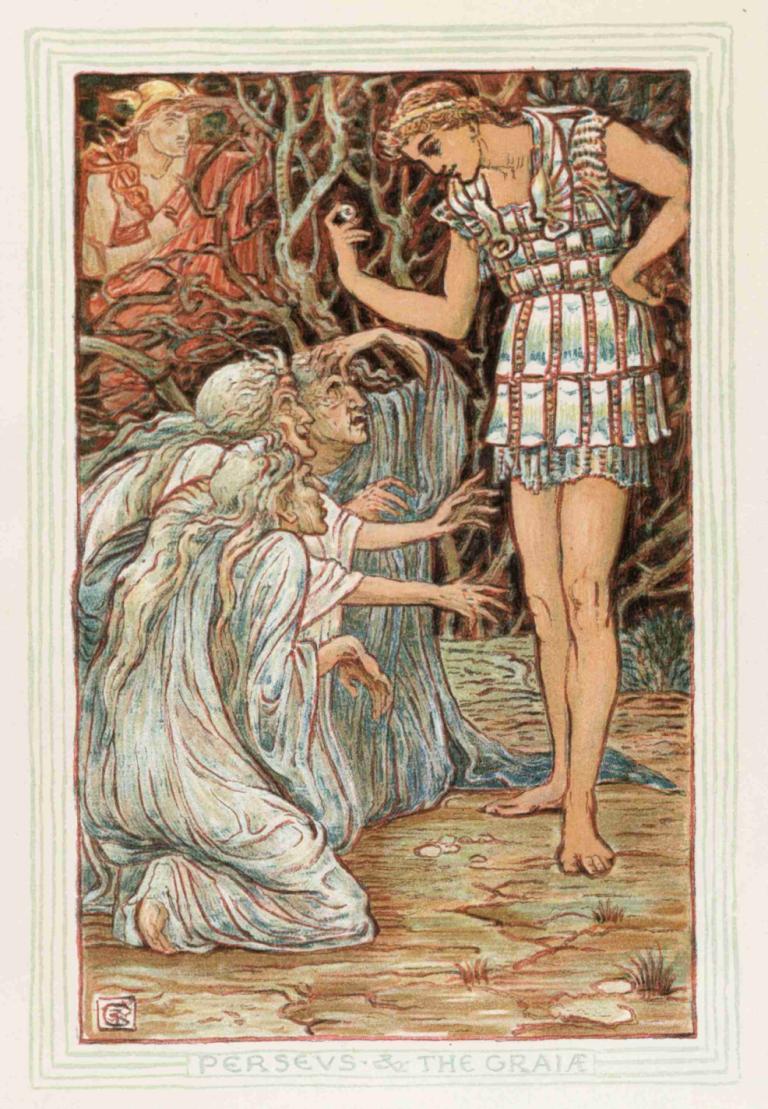 Perseus and The Graia,Perseus und die Graia,Walter Crane,Abbildung,Abbildung, Kunstparodie, barfuß, Kleid