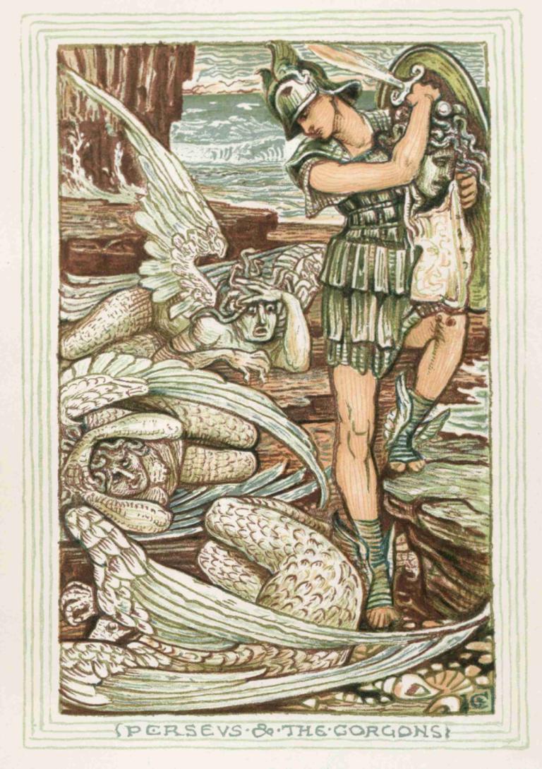 Perseus and the Gorgons,페르세우스와 고르곤,Walter Crane,월터 크레인,일러스트레이션,일러스트레이션, 미술 패러디, 무기, 헬멧, 갑옷, 검, 여자 1명, 공상, 기구