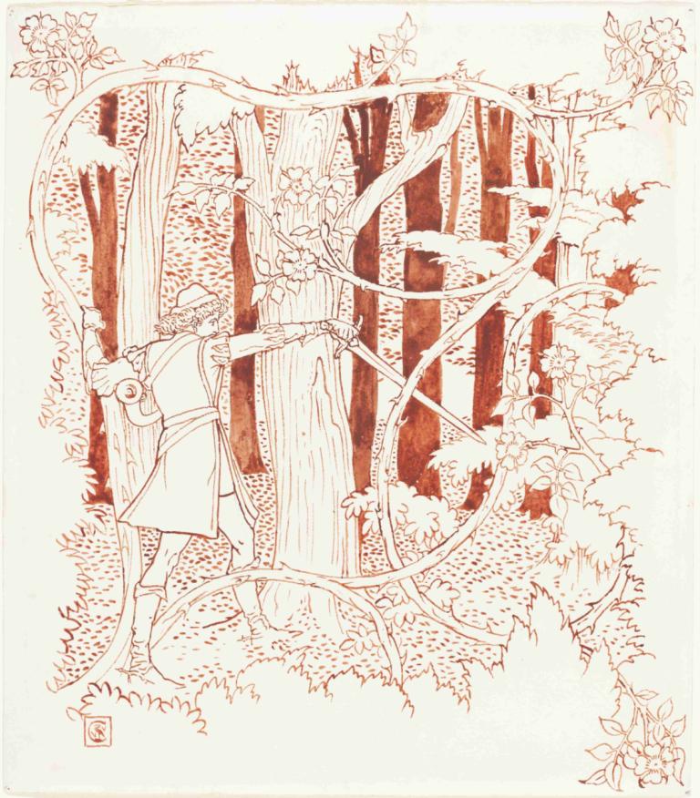 Prince Charming In The Forest,Prinz Charming im Wald,Walter Crane,Abbildung,Abbildung, einfarbig, Natur, Baum