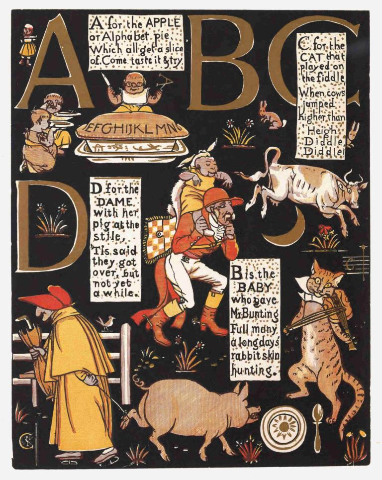 The Absurd A.B.C Pl 1,터무니없는 A.B.C Pl 1,Walter Crane,월터 크레인,일러스트레이션,일러스트레이션, 여러 소년, 영어 텍스트, 무기, 고양이, 풍자적 개작 시문