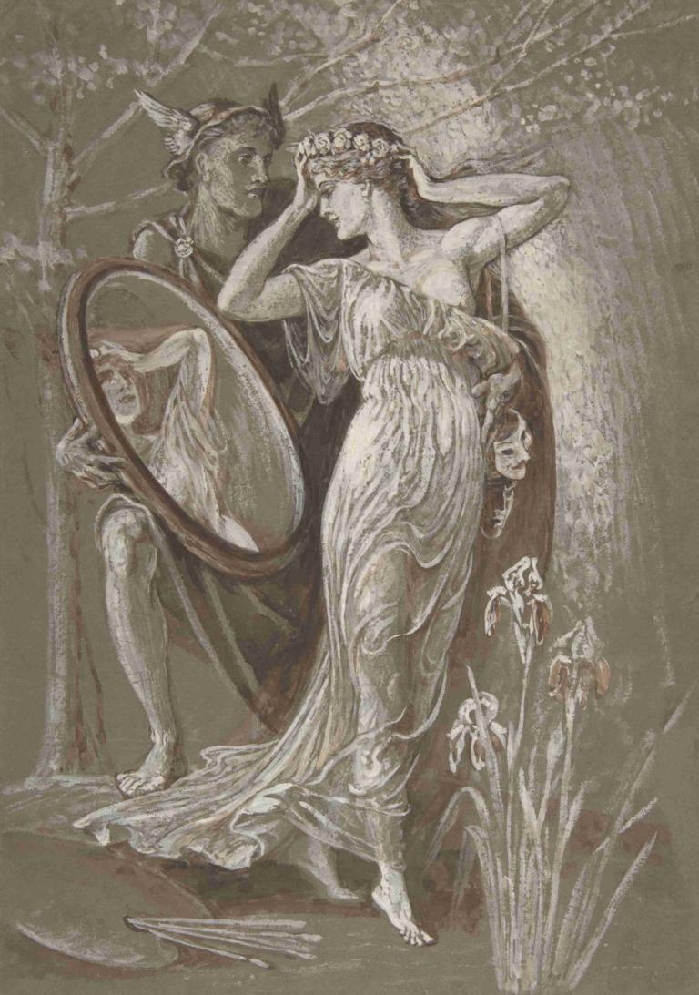 The Mirror of Venus,Venerino ogledalo,Walter Crane,Ilustracija,Ilustracija, likovna parodija, 1 dekle, bosi