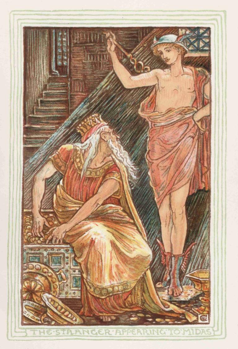 The Stranger Appearing to Midas,Tujec, ki se prikaže Midasu,Walter Crane,Ilustracija,Ilustracija, več fantov