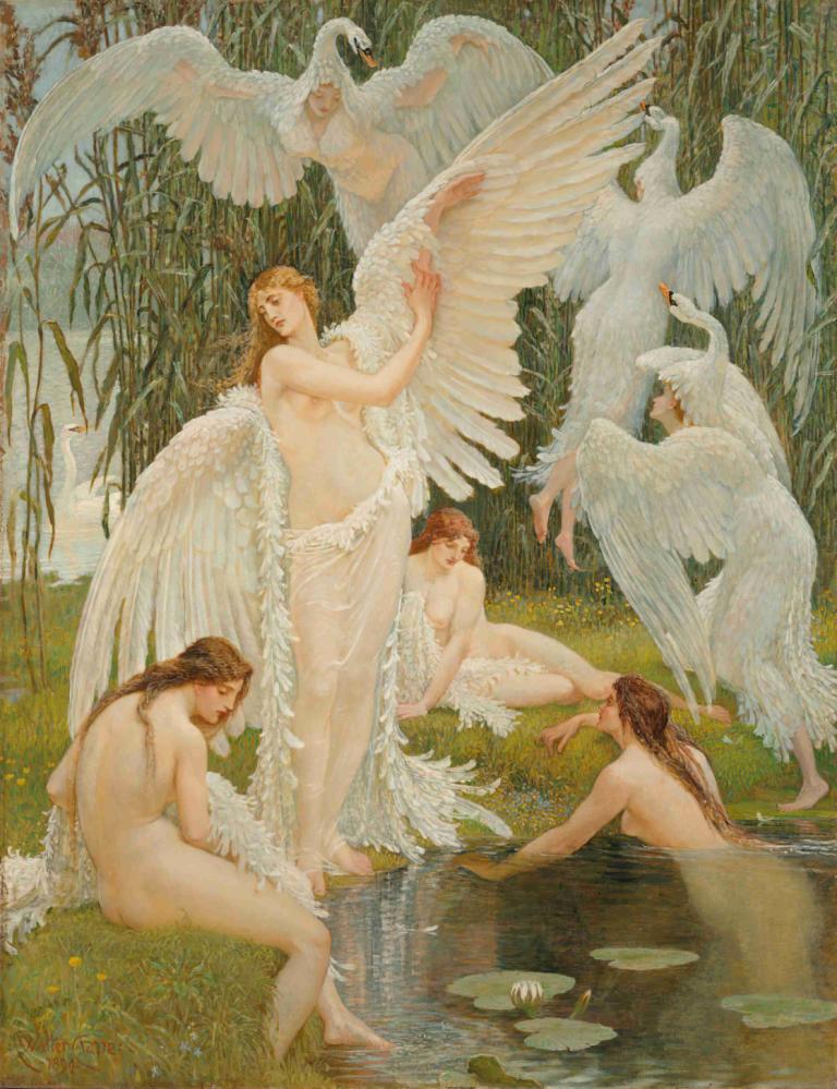 The Swan Maidens,Walter Crane,Illustration,Illustration, fine art parody, multiple girls, wings, bird