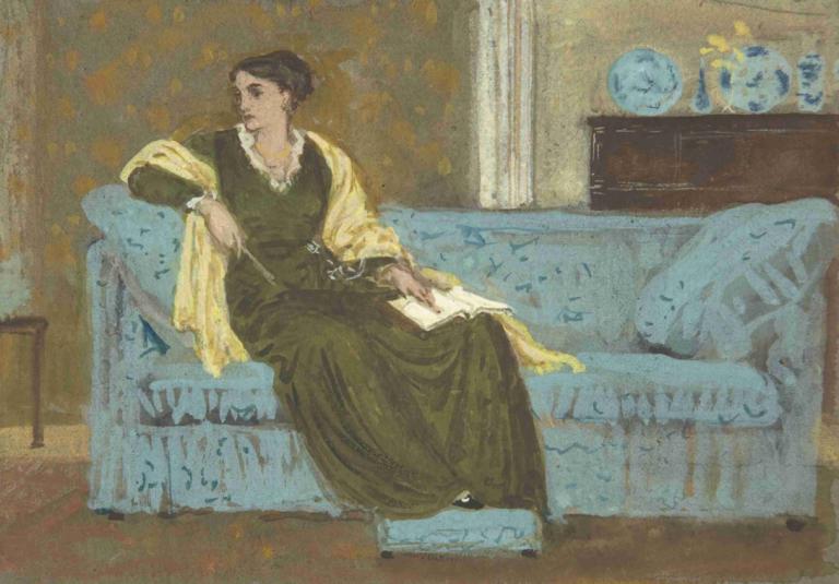 Woman Seated on a Sofa,Walter Crane,Illustration,Illustration, solo, black hair, sitting, dress, book