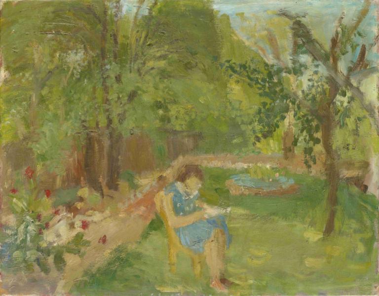 Girl in the Garden,Walter Kurt Wiemken,Oil Painting,Oil Painting, 1girl, solo, tree, sitting, outdoors, dress