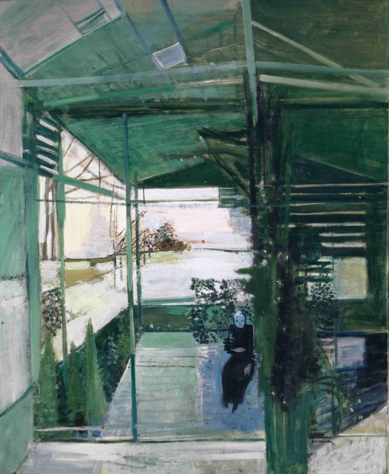 Old Woman in Greenhouse,Oude vrouw in kas,Walter Kurt Wiemken,Olieverf,Olieverf, landschap