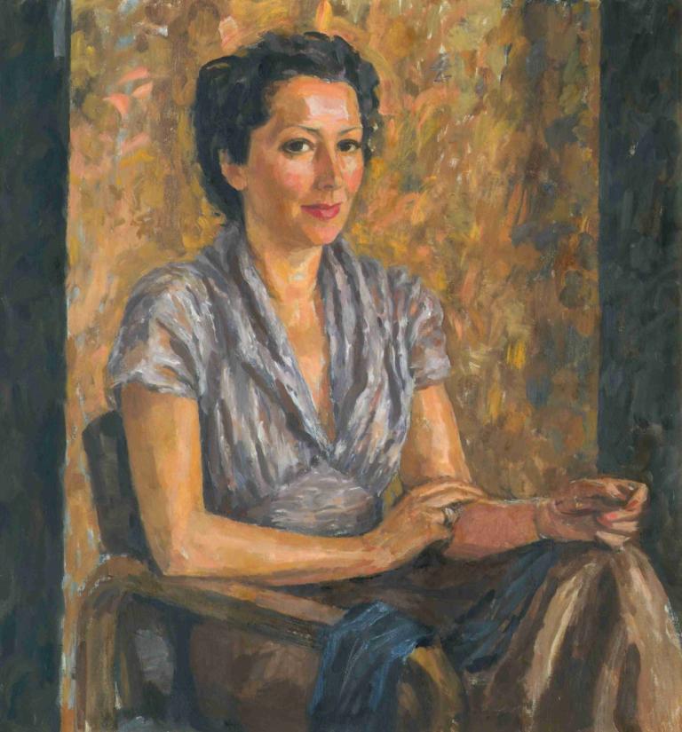 Frauke Lauterbach,Walther Gamerith,Oil Painting,Oil Painting, 1girl, solo, black hair, sitting