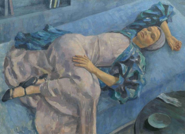 Grete Gamerith Auf Blauer Couch,Walther Gamerith,Oil Painting,Oil Painting, solo, 1girl, lying, old woman