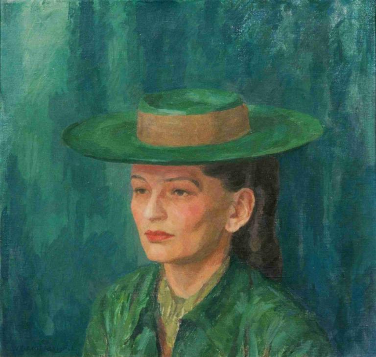 Grete Gamerith Mit Grünem Hut,Walther Gamerith,Oil Painting,Oil Painting, solo, 1girl, hat, green jacket