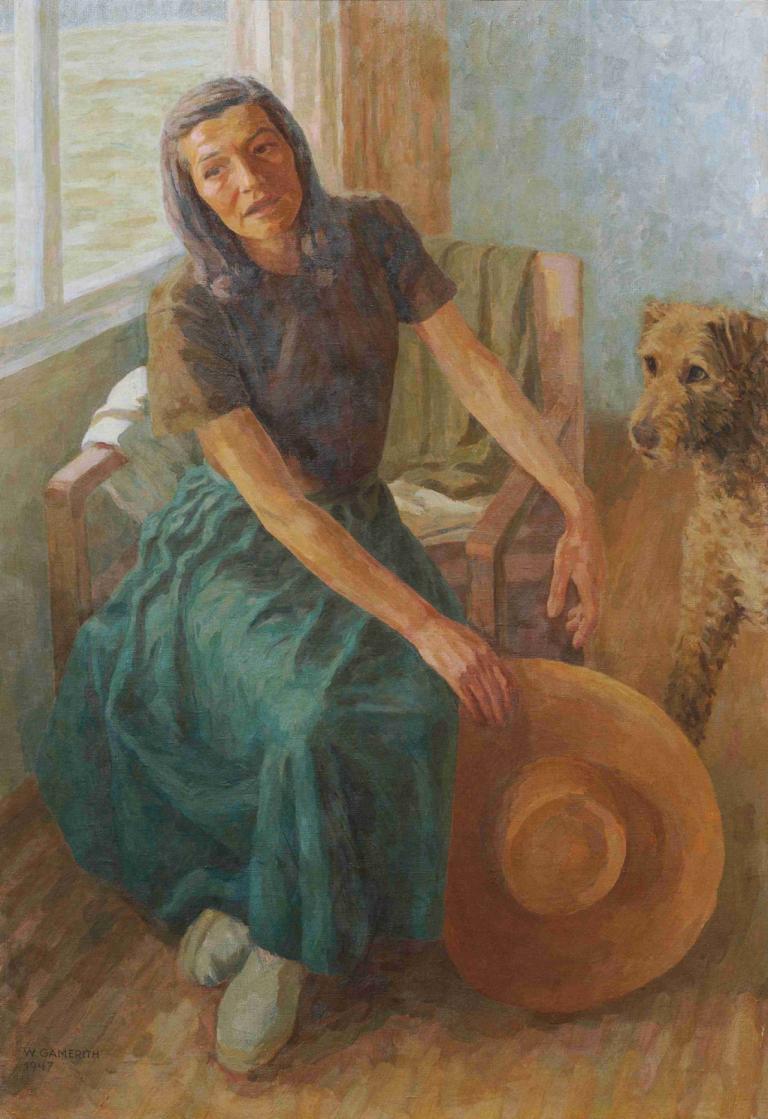 Grete Gamerith Mit Hund ‘puck’,Walther Gamerith,Oil Painting,Oil Painting, 1girl, sitting, solo, window