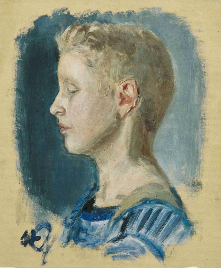 Knabe,Walther Gamerith,Oil Painting,Oil Painting, solo, male focus, 1boy, blonde hair, profile, striped shirt