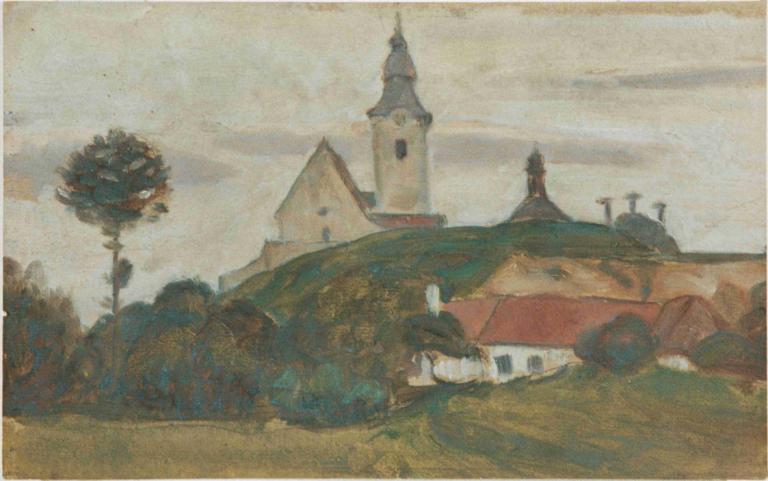 Landschaft mit Kirche und Dorf,Landskab med kirke og landsby,Walther Gamerith,Oliemaleri,Oliemaleri, træ