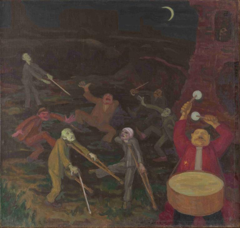 Tanz der Krüppel,Walther Gamerith,Oil Painting,Oil Painting, multiple boys, weapon, moon, crescent moon