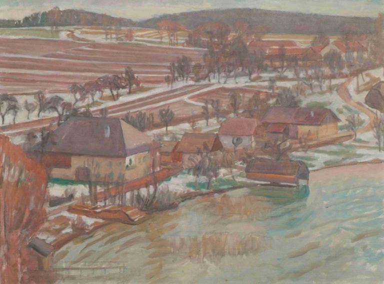 Unterbuchberg im Vorfrühling,早春的恩特布赫堡,Walther Gamerith,油画,油画, 户外, 风景, 传统媒体, 树, 水, 船, 船只