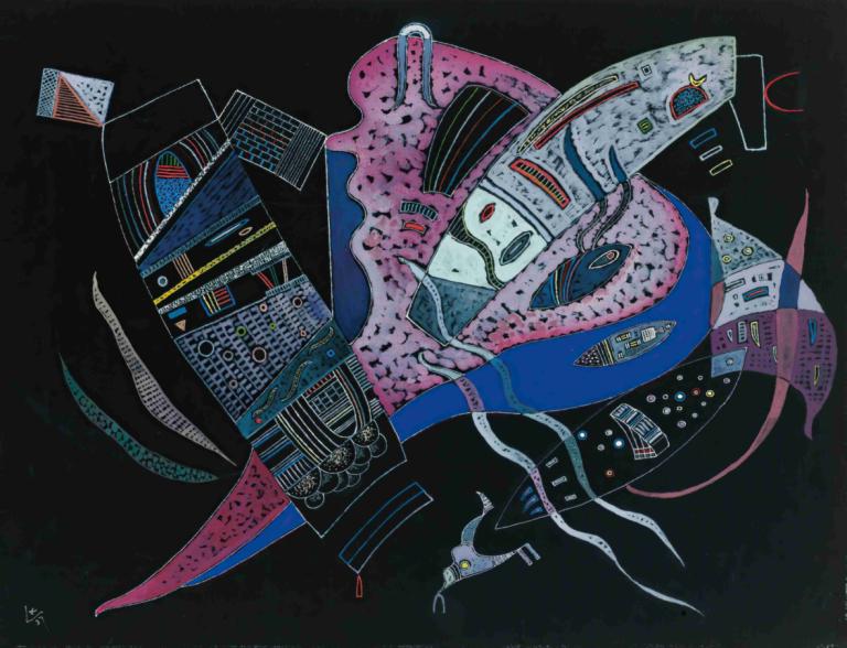 Concentré,Wassily Kandinsky,Illustration,Illustration, black background, solo, signature, abstract, no humans