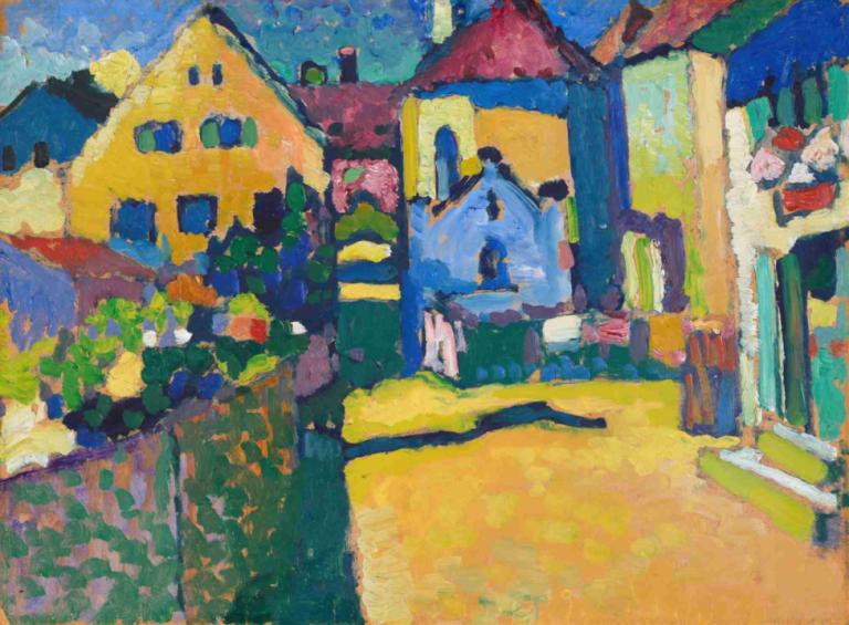 Green Lane in Murnau,Wassily Kandinsky,Illustration,Illustration, 1girl, outdoors, solo, building, black hair