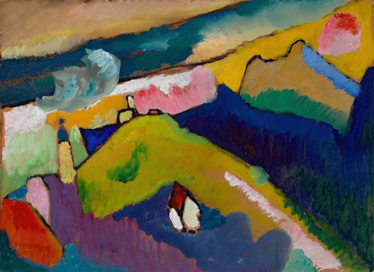 Murnau - Mountain landscape with church,Murnau - Lanskap pegunungan dengan gereja,Wassily Kandinsky,Ilustrasi