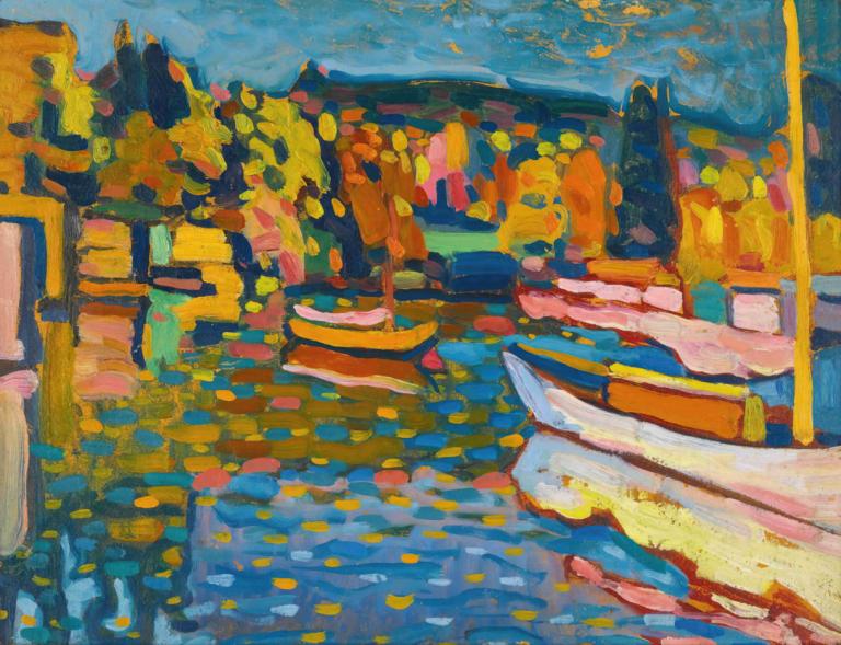 Study For Autumn Landscape With Boats,Wassily Kandinsky,Illustration,Illustration, outdoors, boat, watercraft