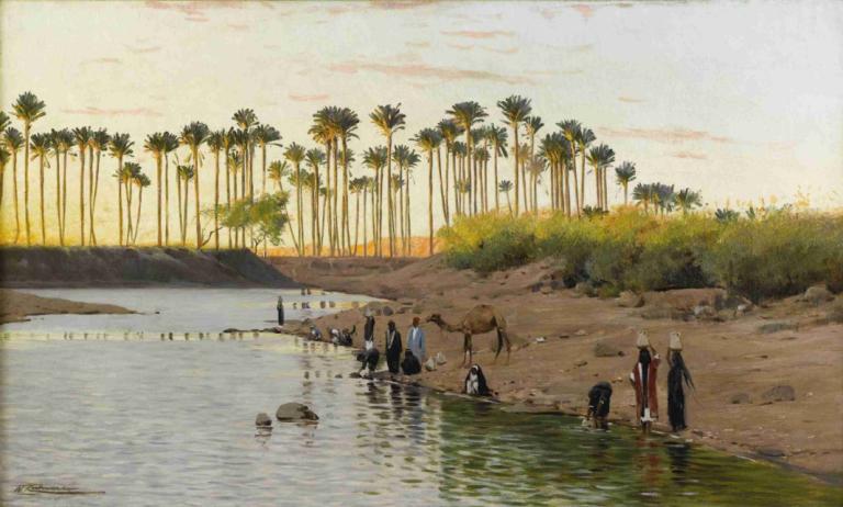 Egyptian Landscape William Kuhnert,이집트 풍경 윌리엄 쿠너트,Wilhelm Kuhnert,빌헬름 쿠네르트,오일 페인팅,오일 페인팅, 나무, 옥외, 경치, 물