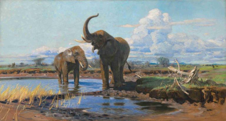 Elephants at a waterhole,水飲み場の象,Wilhelm Kuhnert,ヴィルヘルム・クナート,油絵,油絵, 屋外, 空, 水, 日, 雲, 景色, 人間がいない, 角, 草, 水上バイク