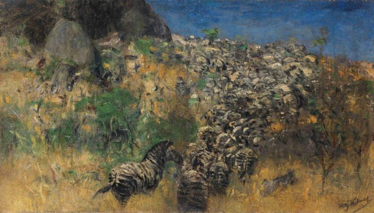 Fliehende Zebraherde, Zwischen,Branco di zebre in fuga, tra,Wilhelm Kuhnert,Pittura ad olio,Pittura ad olio